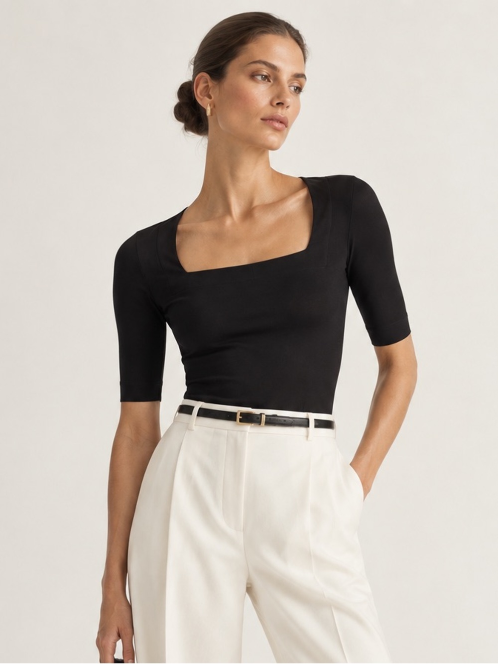 AKRIS punto black square neck jersey fitted  t shirt